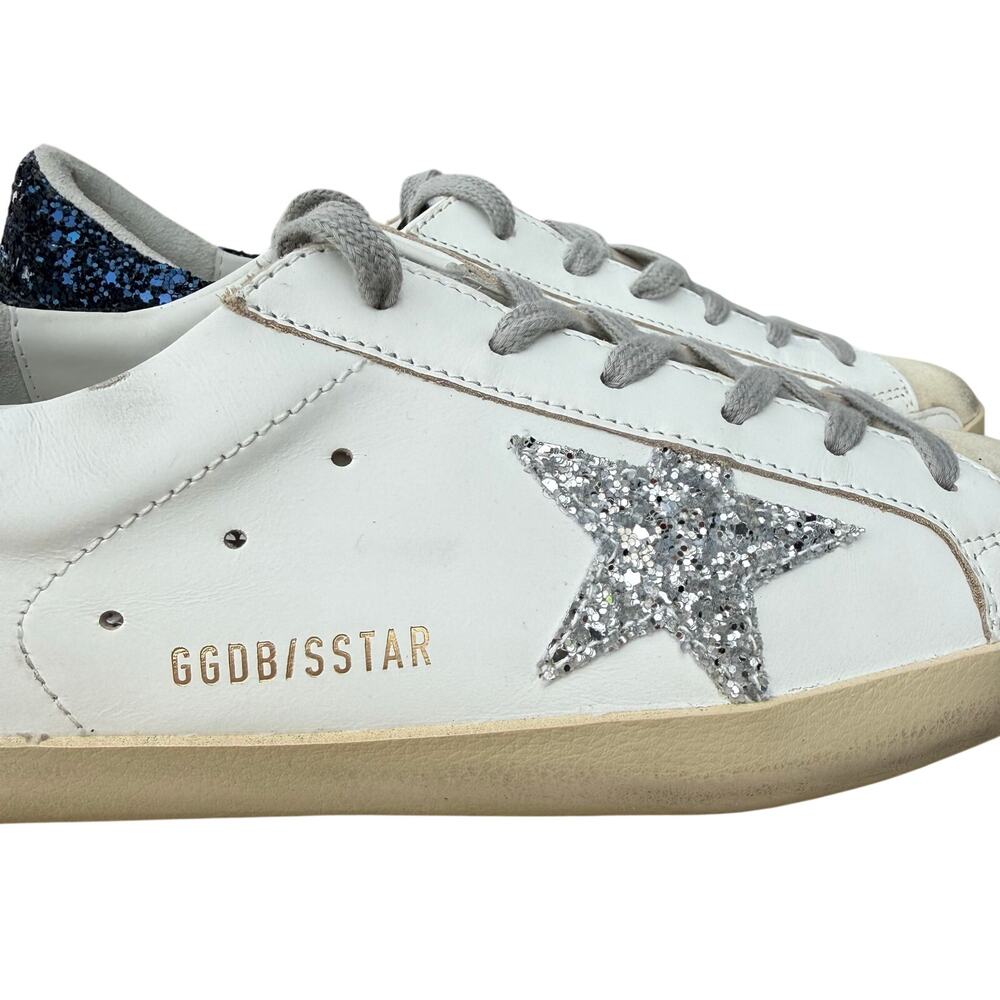 Golden Goose Women's Super-Star Silver Star & Blue Glitter Heel Tab Sneakers- 39 - Picture 3 of 10